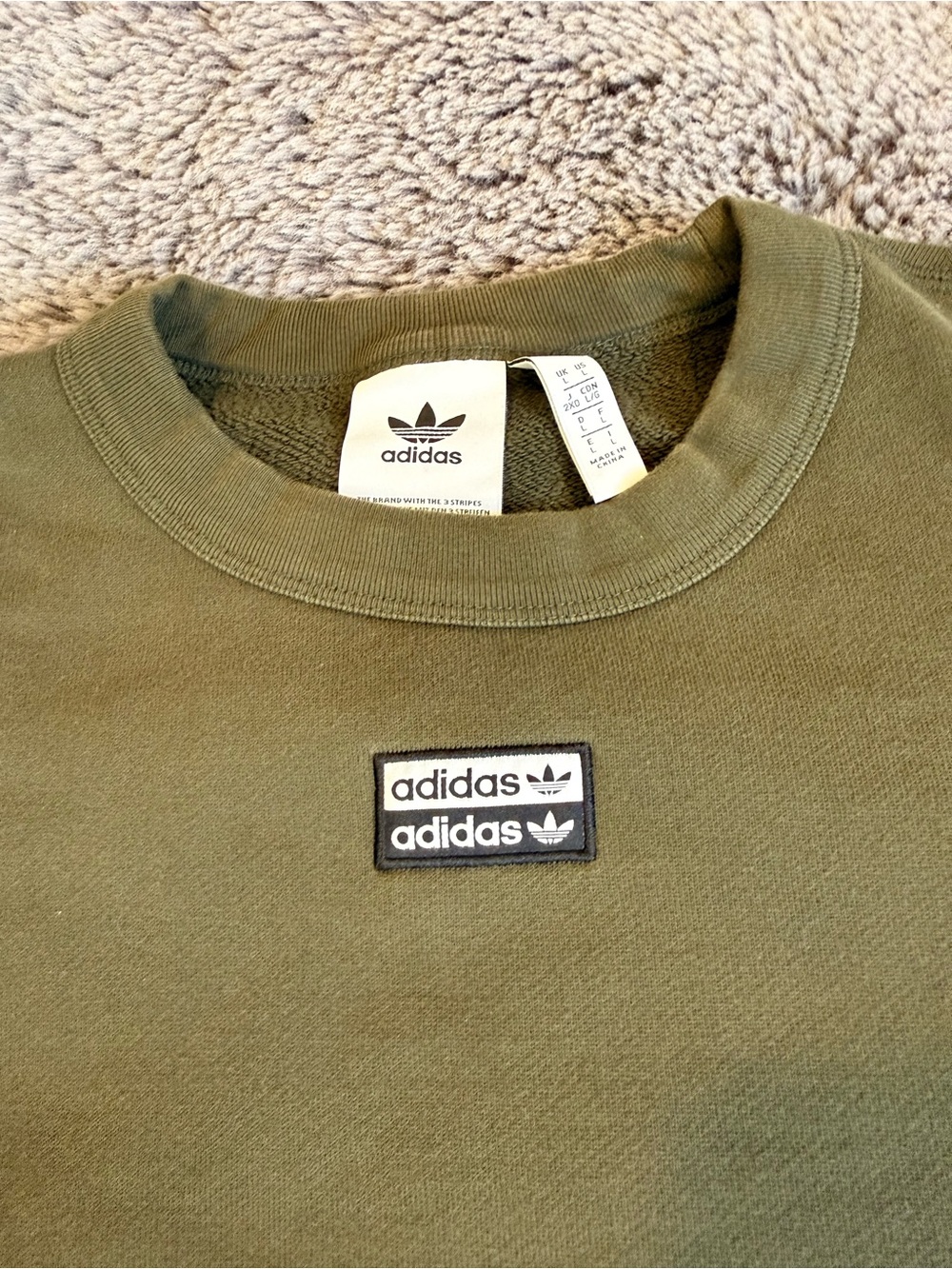 adidas Olive Crewneck Sweatshirt with Sleeve Trefoil Panels - Picture 3 of 9